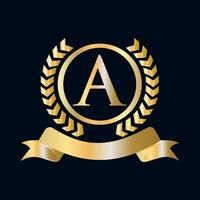 Seal, Gold Laurel Wreath and Ribbon on Letter A Concept. Luxury Gold Heraldic Crest Logo Element Vintage Laurel Vector