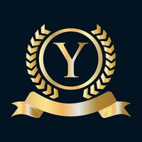 Seal, Gold Laurel Wreath and Ribbon on Letter Y Concept. Luxury Gold Heraldic Crest Logo Element Vintage Laurel Vector