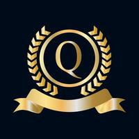 Seal, Gold Laurel Wreath and Ribbon on Letter Q Concept. Luxury Gold Heraldic Crest Logo Element Vintage Laurel Vector