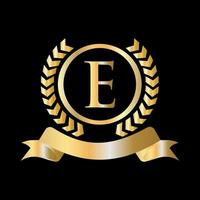 Seal, Gold Laurel Wreath and Ribbon on Letter E Concept. Luxury Gold Heraldic Crest Logo Element Vintage Laurel Vector