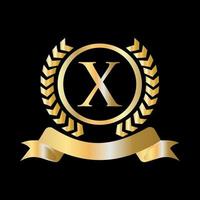 Seal, Gold Laurel Wreath and Ribbon on Letter X Concept. Luxury Gold Heraldic Crest Logo Element Vintage Laurel Vector