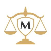 diseño del logotipo del bufete de abogados en la letra m con signo de escudo. logotipo de la ley, abogado y justicia, abogado de la ley, legal, servicio de abogado, bufete de abogados, plantilla de logotipo de escala vector