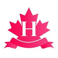 Canadian Red Maple On Letter H Seal and Ribbon. Luxury Heraldic Crest Logo Element Vintage Laurel Vector