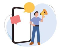 standing man holding megaphone in front of big cell phone. promotion concept. online promotion. illustration of a young man doing a promotion using a megaphone vector