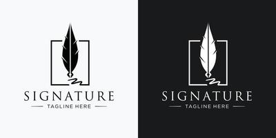 Signature Quill Feather Pen, Minimalist Signature Handwriting on square frame logo design template. vector