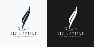 Creative quill signature logo design with minimalist feather ink logo template illustration vector