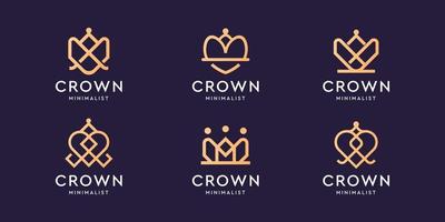 Set of linear crown icons. Royal, luxury symbol. King, queen abstract geometric line shape logo. vector