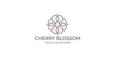 circular minimalist cherry blossom logo design. creative line art style floral monogram line shape. vector