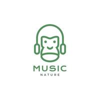 cara gorila con auriculares escuchar música naturaleza instrumento mascota lindo mínimo diseño de logotipo vector icono ilustración plantilla