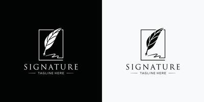 Signature Quill Feather Pen, Minimalist Signature Handwriting on square frame logo design template. vector