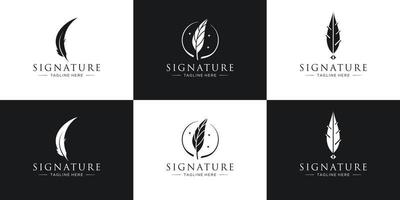 collection of quill signature logo design. Minimalist feather ink logo template on black and white. vector