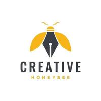 pluma lápiz creativo miel abeja alas voladoras logotipo diseño vector icono ilustración plantilla