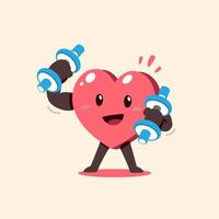 personaje de corazón de dibujos animados de vector haciendo entrenamiento con pesas