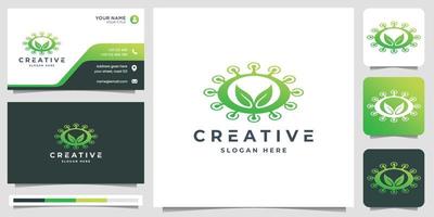 tecnología de planta, logotipo con plantilla de diseño de circuitos de estilo de línea de forma de círculo y tarjeta de visita vector