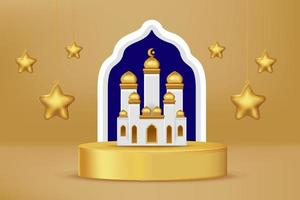 Realistic 3d Islamic celebration with islamic ornament and product podium. Vector 3D Illustration