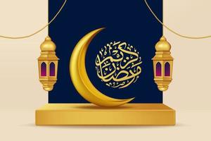 Realistic 3d Islamic celebration with islamic ornament and product podium. Vector 3D Illustration