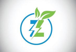 círculo de hoja de rayo de letra z inicial o icono de ahorro de energía ecológica. concepto de icono de hoja y rayo para el logotipo eléctrico de energía natural vector