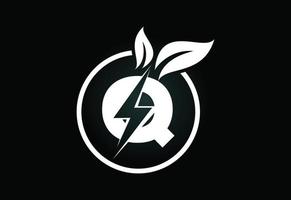 Initial Q letter thunderbolt leaf circle or eco energy saver icon. Leaf and thunderbolt icon concept for nature power electric logo vector