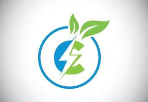 círculo de hoja de rayo de letra c inicial o icono de ahorro de energía ecológica. concepto de icono de hoja y rayo para el logotipo eléctrico de energía natural vector