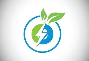 círculo de hoja de rayo de letra o inicial o icono de ahorro de energía ecológica. concepto de icono de hoja y rayo para el logotipo eléctrico de energía natural vector