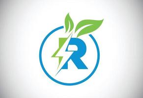 Initial R letter thunderbolt leaf circle or eco energy saver icon. Leaf and thunderbolt icon concept for nature power electric logo vector