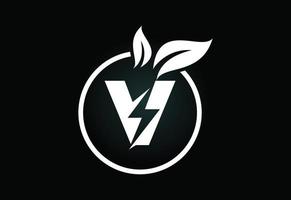 círculo de hoja de rayo de letra v inicial o icono de ahorro de energía ecológica. concepto de icono de hoja y rayo para el logotipo eléctrico de energía natural vector