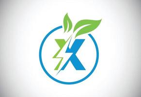 círculo de hoja de rayo de letra x inicial o icono de ahorro de energía ecológica. concepto de icono de hoja y rayo para el logotipo eléctrico de energía natural vector