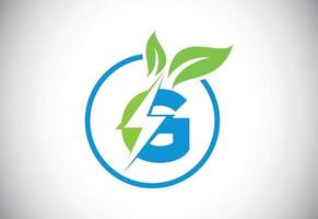 Initial G letter thunderbolt leaf circle or eco energy saver icon. Leaf and thunderbolt icon concept for nature power electric logo vector