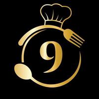 Restaurant Logo on Letter 9 Concept. Chef Hat, Spoon And Fork For Restaurant Logo vector