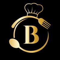 logotipo del restaurante en concepto de letra b. sombrero de chef, cuchara y tenedor para el logo del restaurante vector