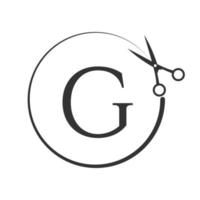 logotipo de salón y corte de pelo en el cartel de la letra g. icono de tijeras con concepto de logotipo vector