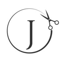 logotipo de salón y corte de pelo en el cartel de la letra j. icono de tijeras con concepto de logotipo vector