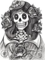 Art fashion women skull day of the dead. Hand drawing and make graphic vector. vector
