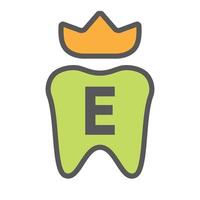 diseño de logotipo dental en el símbolo de la corona de la letra e. signo de logotipo de cuidado dental, diseño de logotipo de rey de dientes de clínica con plantilla de vector de lujo