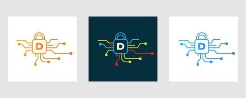 logotipo de seguridad cibernética de la letra d. señal de seguridad de Internet, protección cibernética, tecnología, símbolo de biotecnología vector