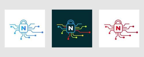 logotipo de la letra n ciberseguridad. señal de seguridad de Internet, protección cibernética, tecnología, símbolo de biotecnología vector