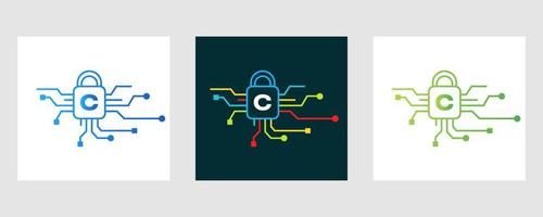 logotipo de seguridad cibernética de la letra c. señal de seguridad de Internet, protección cibernética, tecnología, símbolo de biotecnología vector
