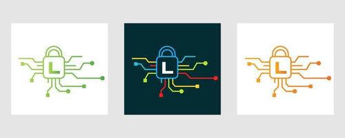 letra l logotipo de seguridad cibernética. señal de seguridad de Internet, protección cibernética, tecnología, símbolo de biotecnología vector