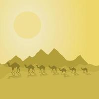 Caravan of camels go on deserts. A vector illustration