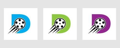 concepto de logotipo de película letra d con carrete de película para señal de medios, símbolo de director de película vector