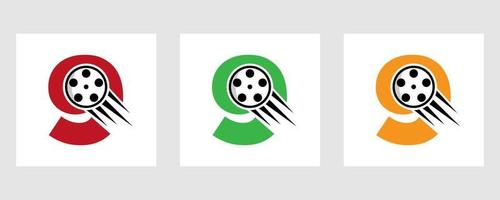 concepto de logotipo de película con letra 9 con carrete de película para señal de medios, símbolo de director de película vector