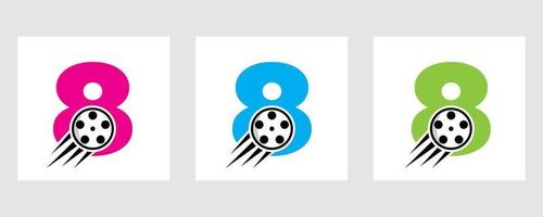 concepto de logotipo de película con letra 8 con carrete de película para señal de medios, símbolo de director de película vector