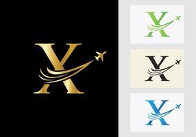 concepto de logotipo de viaje con letra x con símbolo de avión volador vector
