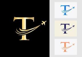 Letter T Travel Logo Concept With Flying Air Plane Symbol vector