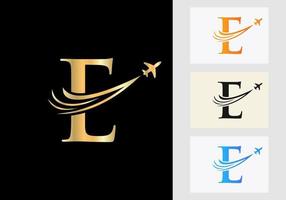 Letter E Travel Logo Concept With Flying Air Plane Symbol vector