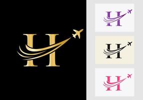 concepto de logotipo de viaje de letra h con símbolo de avión volador vector