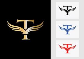 diseño del logotipo del ala de la letra t. símbolo inicial del ala voladora vector