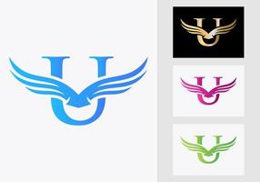 U Letter Wing Logo Design. Initial Flying Wing Symbol vector