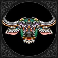 Colorful buffalo head mandala arts isolated on black background vector