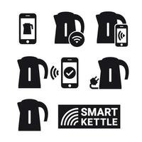 Smart kettle and smartphone controls. Smart kettle icons. Black on a white background vector